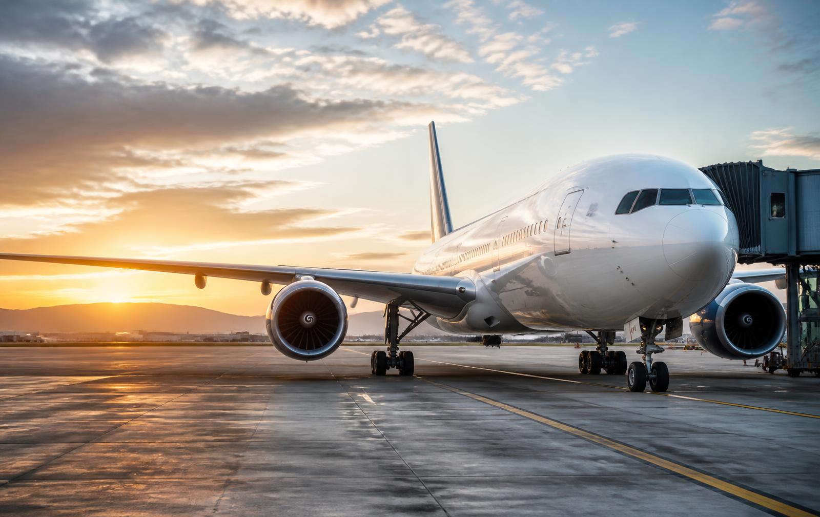 International passenger aircraft at an airport terminal at sunrise