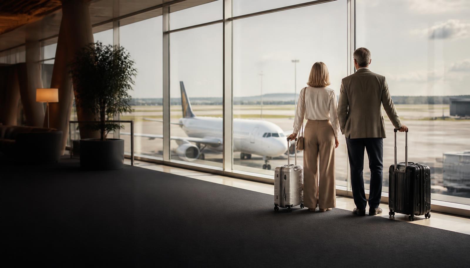 Travellers with luggage preparing for an international flight